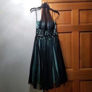 Teal and Black Cache tea length halter gown
